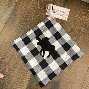 Black and White buffalo check hot pad/trivet with wool appliquéd moose Design